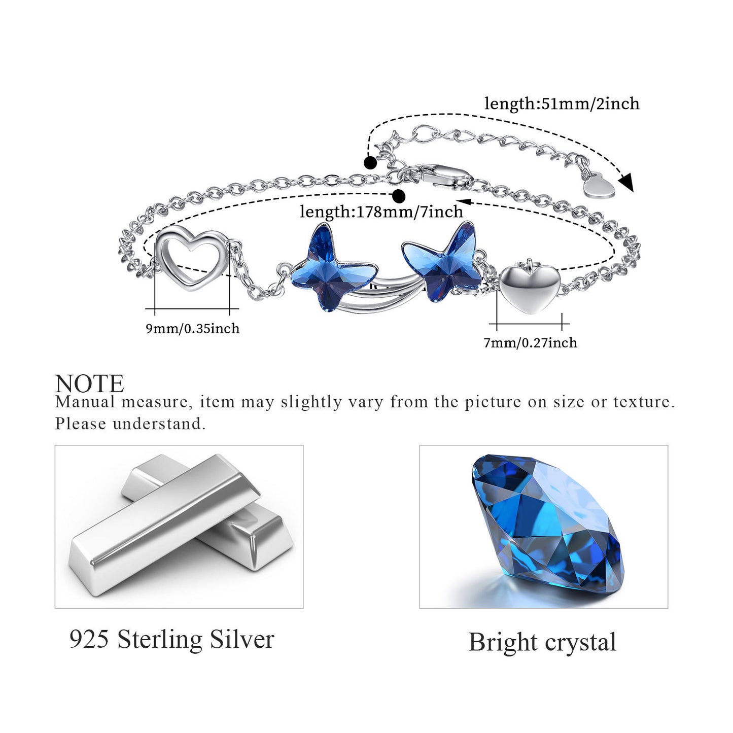 Sterling Silver Butterfly Bracelet with Blue Zirconia