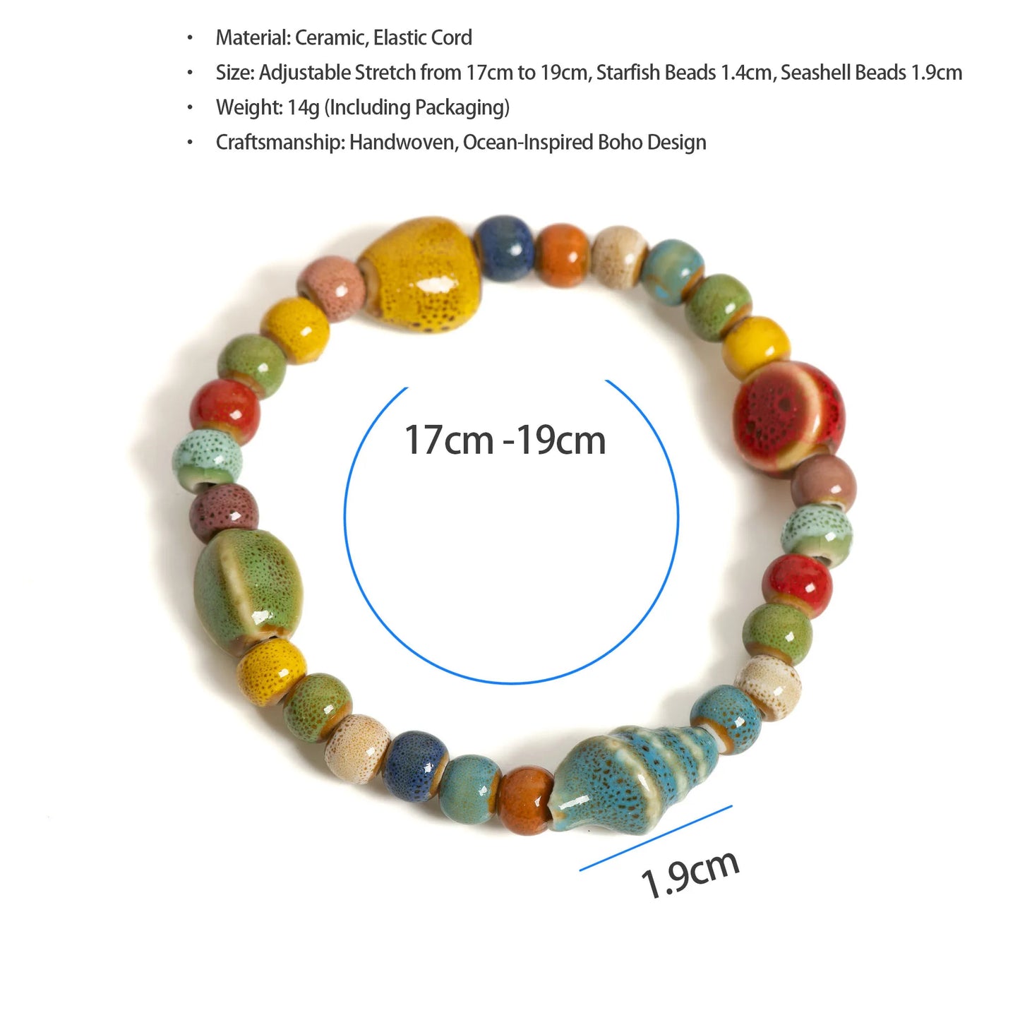 Handmade Colorful Starfish & Seashell Ceramic Beaded Bracelet