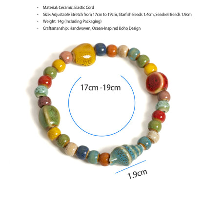 Handmade Colorful Starfish & Seashell Ceramic Beaded Bracelet