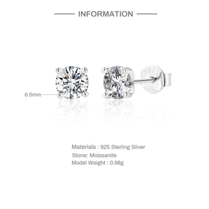 CANNER 0.5-1.2 Carat D Color Moissanite Ear Stud Earrings For Women 925 Sterling Silver Sparkling Piercing Earring Fine Jewelry