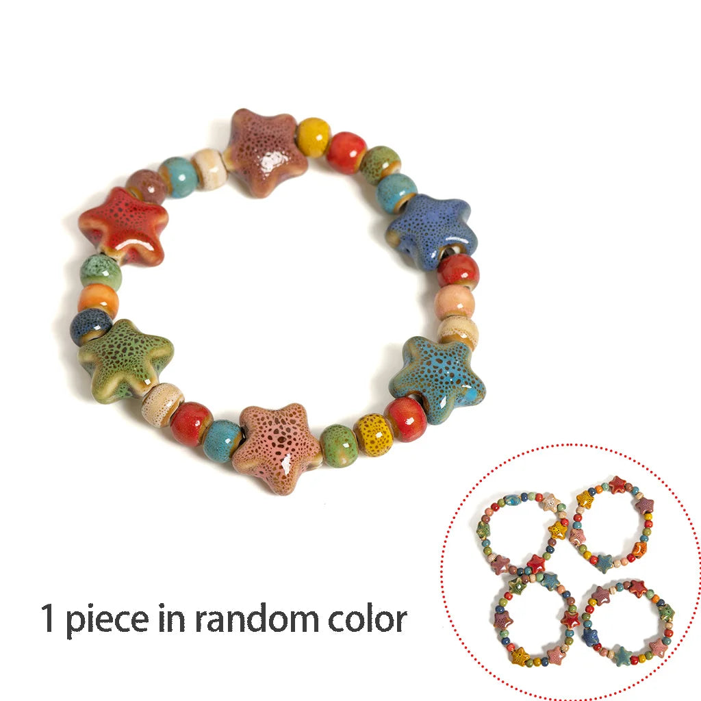 Handmade Colorful Starfish & Seashell Ceramic Beaded Bracelet