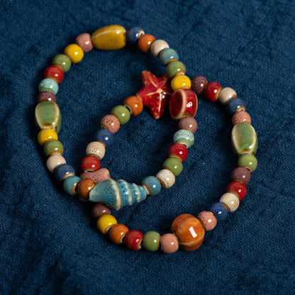Handmade Colorful Starfish & Seashell Ceramic Beaded Bracelet