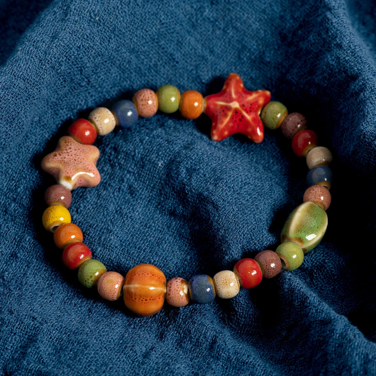Handmade Colorful Starfish & Seashell Ceramic Beaded Bracelet