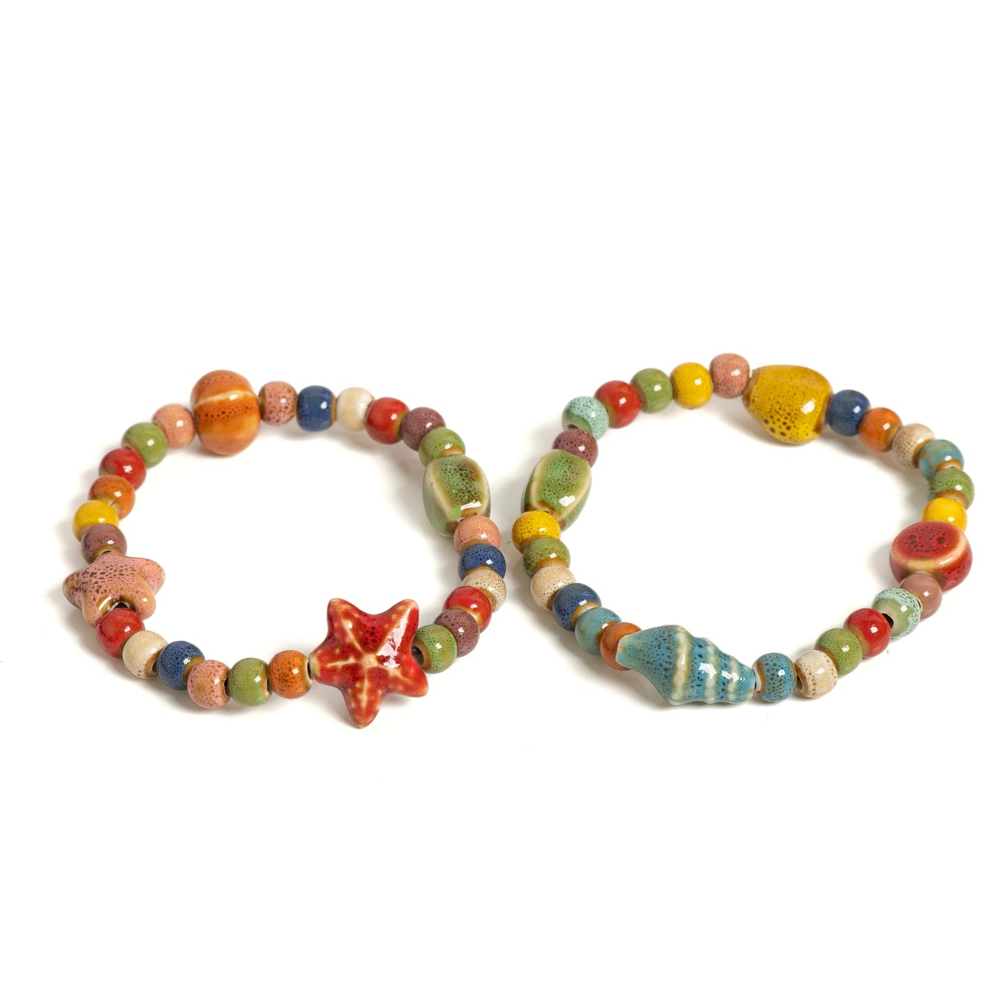 Handmade Colorful Starfish & Seashell Ceramic Beaded Bracelet